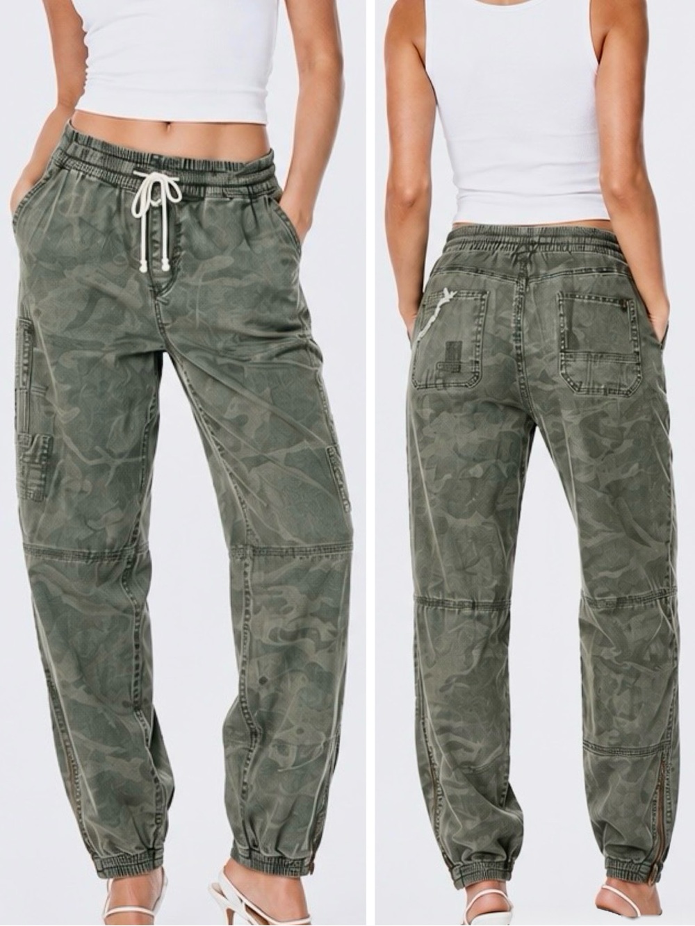 SUPPLIES Dark Green Camo Cargo Pants Joggers w Drawstring Waist & Zipper Ankles